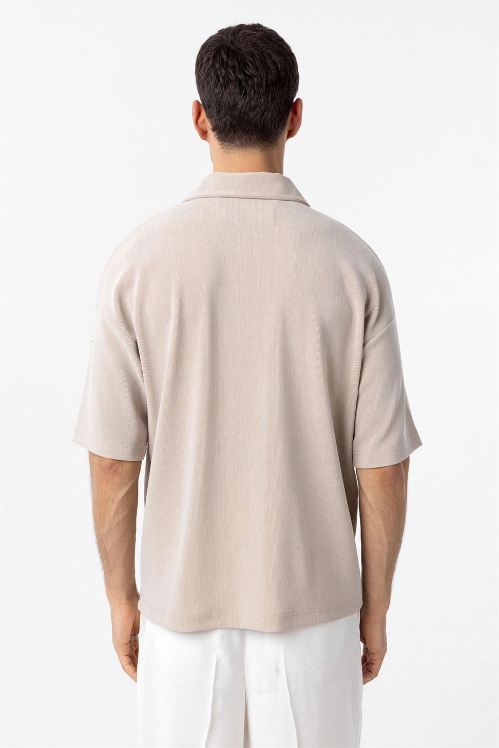 Antioch Bej Relax Fit Fermuarlı Polo Yaka Erkek T-Shirt