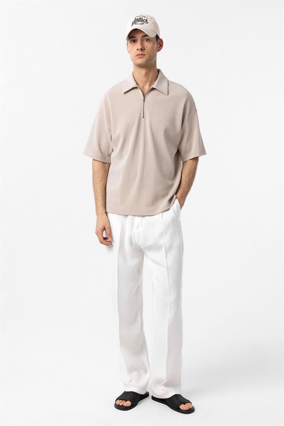 Antioch Bej Relax Fit Fermuarlı Polo Yaka Erkek T-Shirt