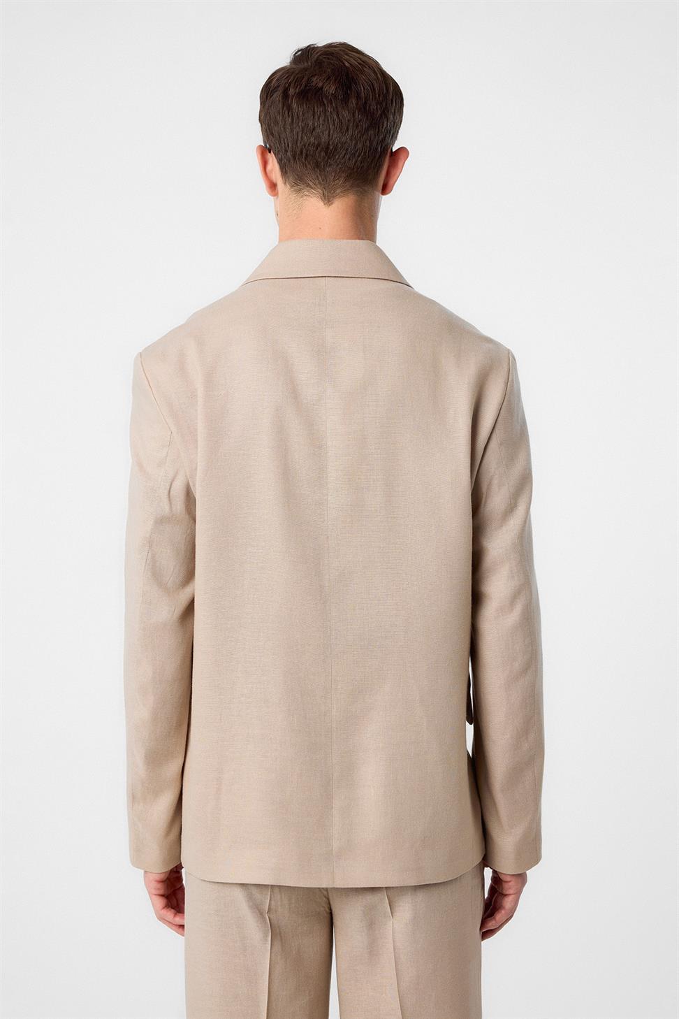 Antioch Bej Relax Fit Keten Karışımlı Erkek Blazer Ceket