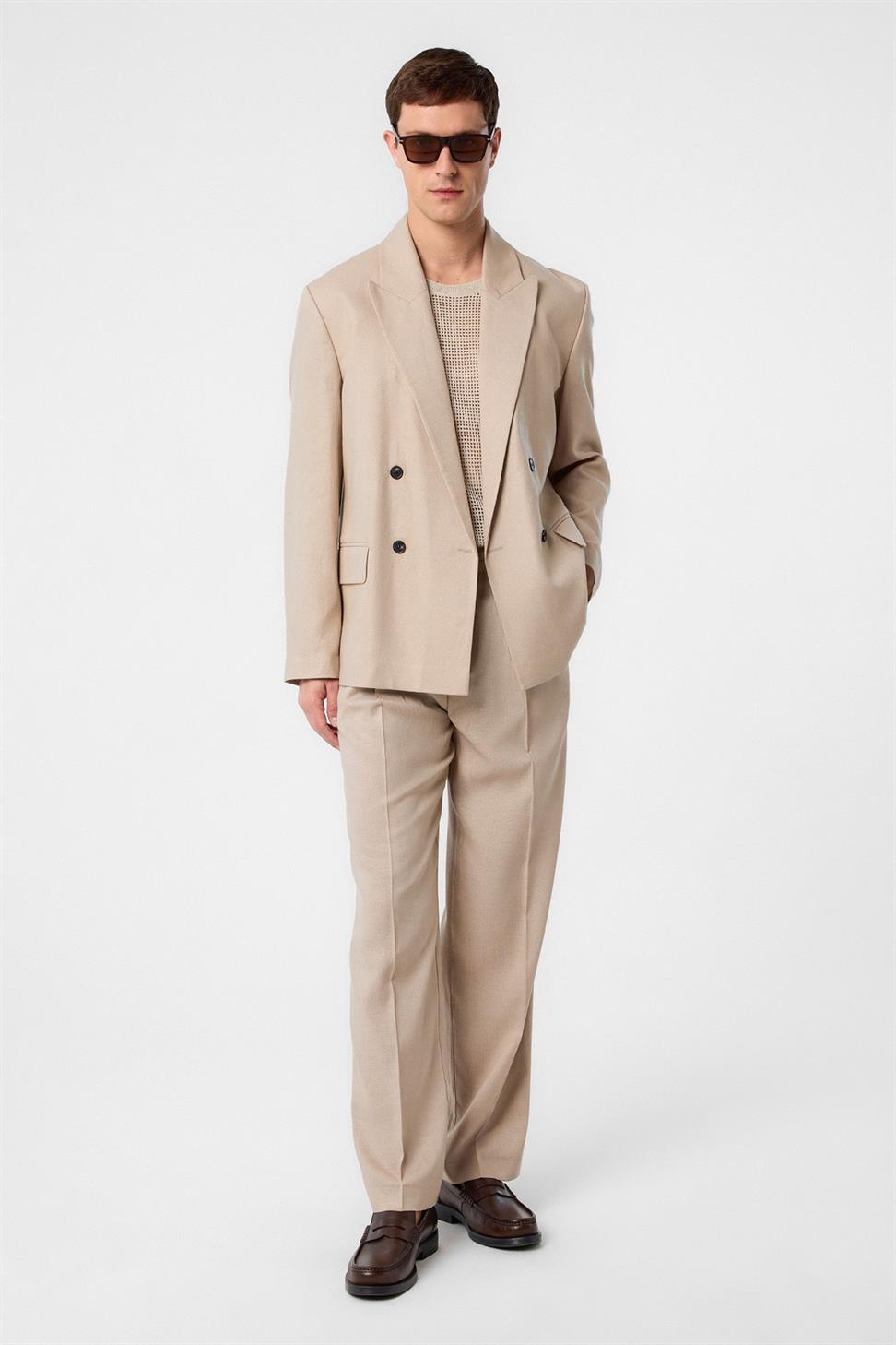 Antioch Bej Relax Fit Keten Karışımlı Erkek Blazer Ceket