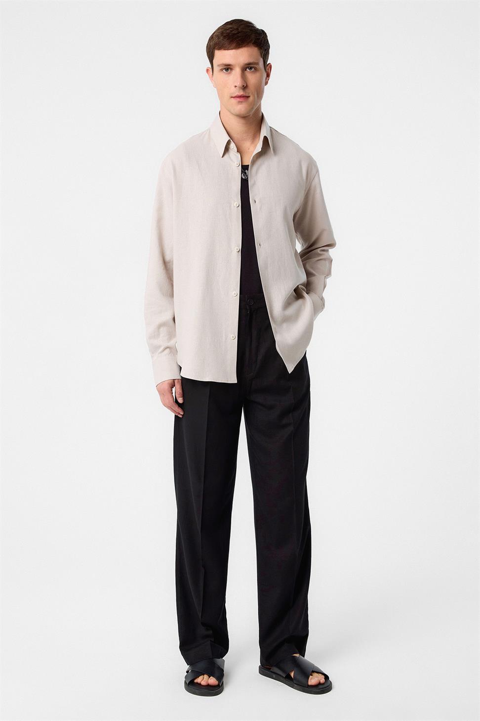 Antioch Bej Relax Fit Keten Karışımlı Erkek Gömlek