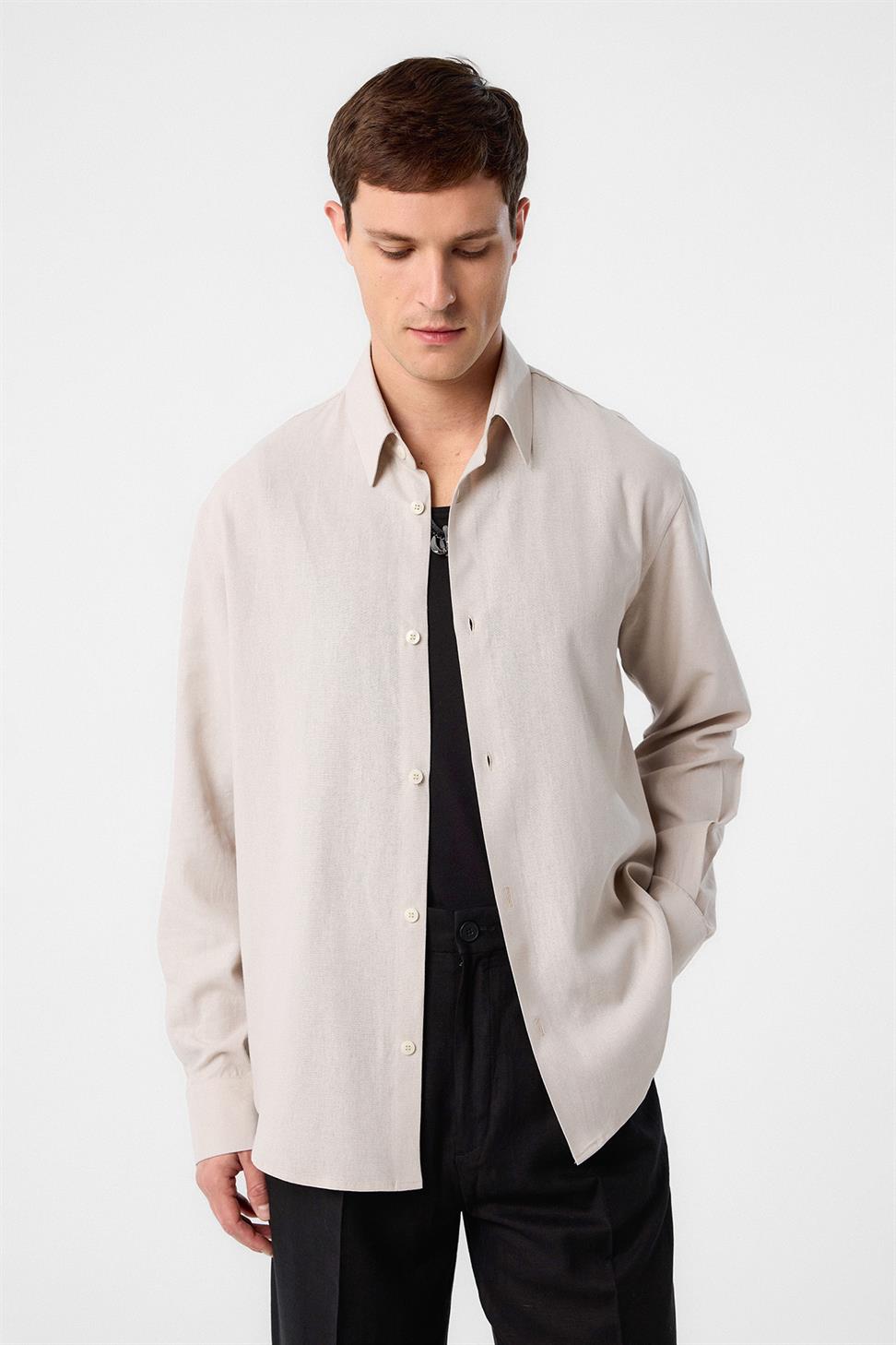 Antioch Bej Relax Fit Keten Karışımlı Erkek Gömlek