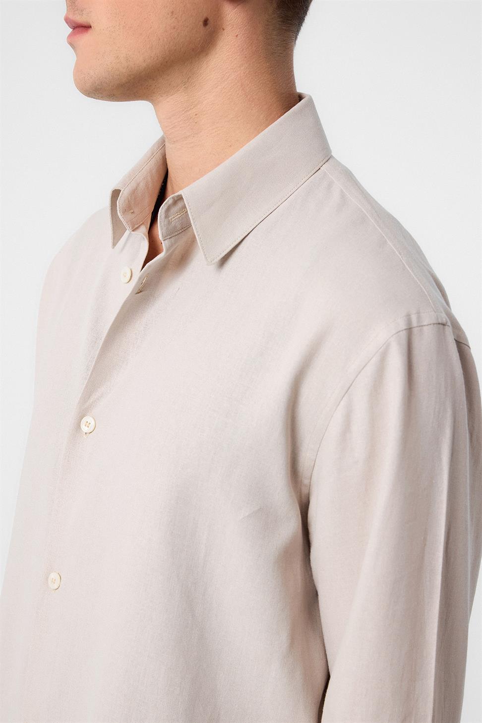 Antioch Bej Relax Fit Keten Karışımlı Erkek Gömlek