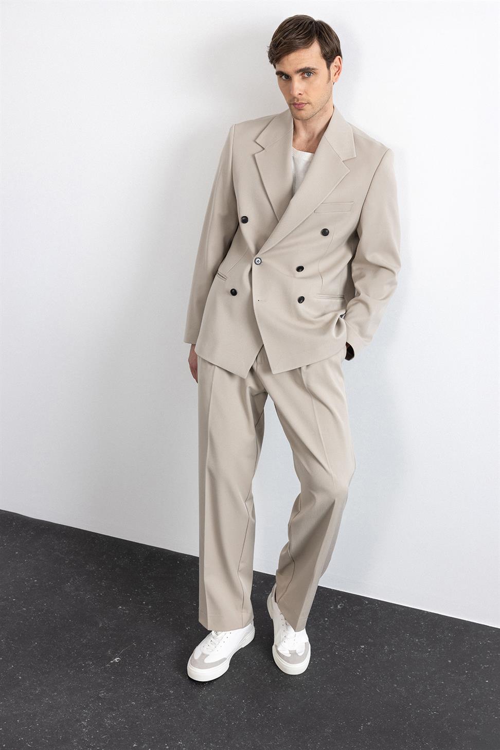 Antioch Bej Relax Fit Kruvaze Erkek Blazer Ceket