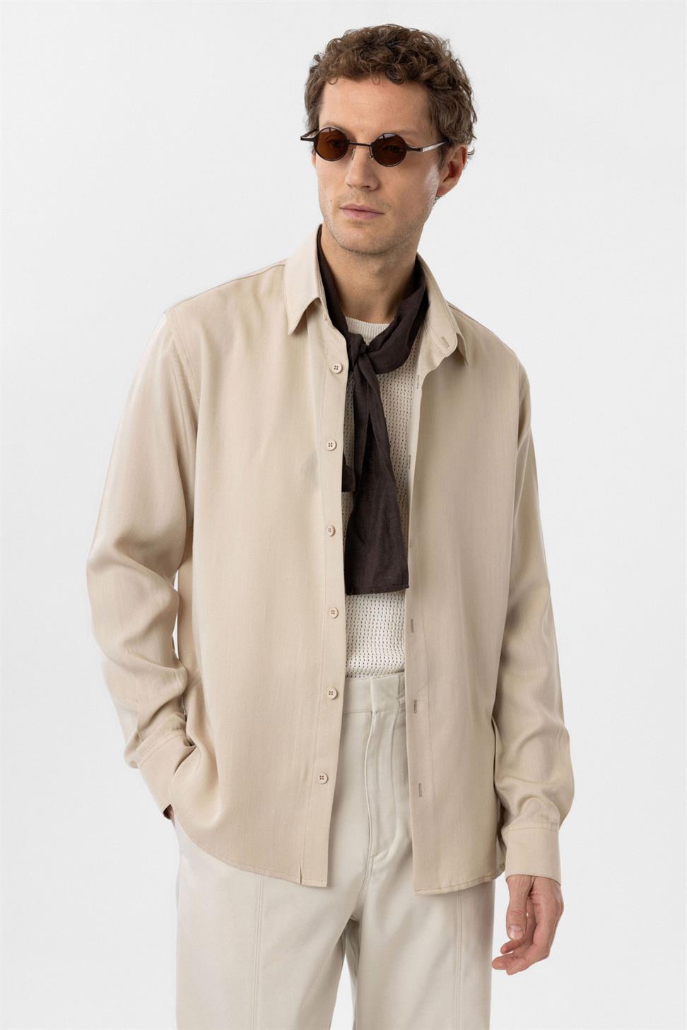 Antioch Bej Relax Fit Liyosel Kumaş Erkek Gömlek