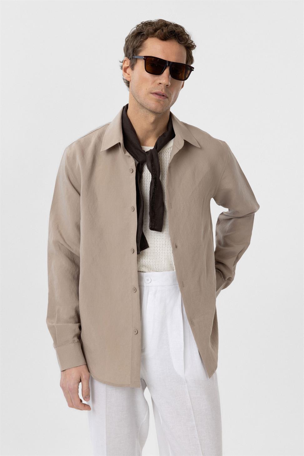 Antioch Bej Relax Fit Modal Kumaş Erkek Gömlek