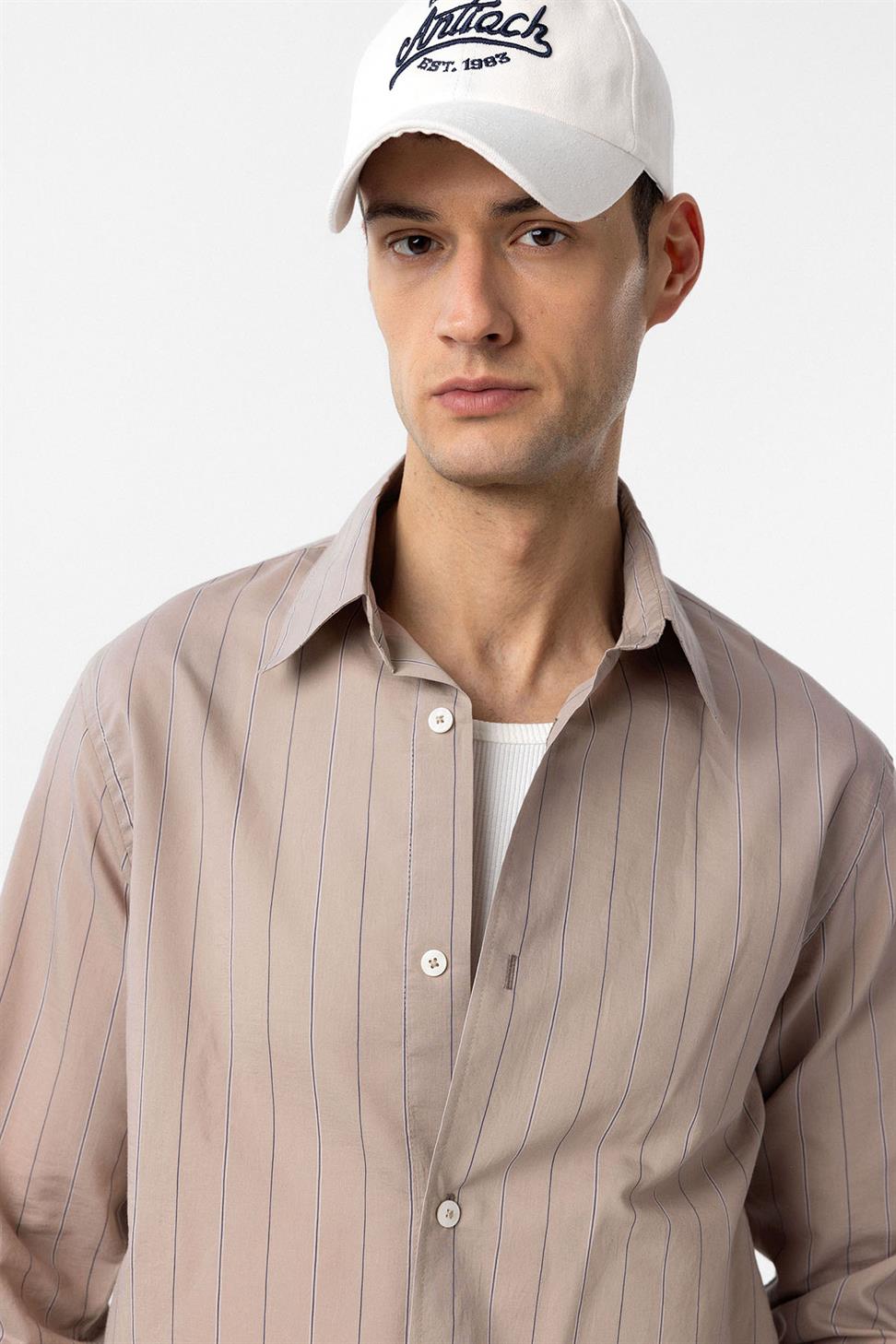 Antioch Bej Relaxed Çizgili Erkek Gömlek