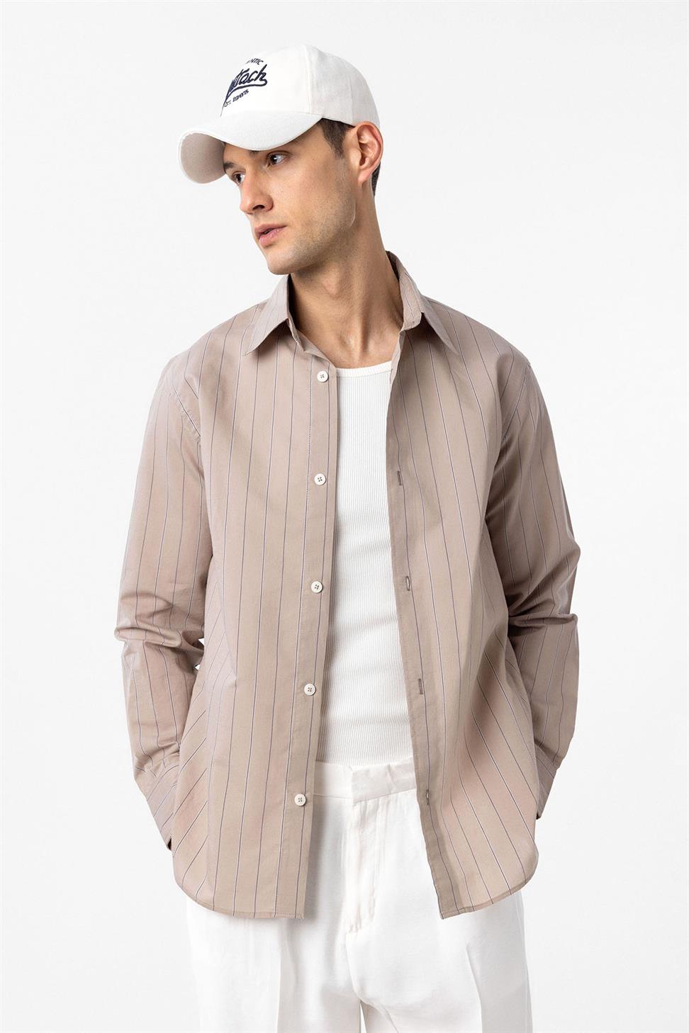 Antioch Bej Relaxed Çizgili Erkek Gömlek