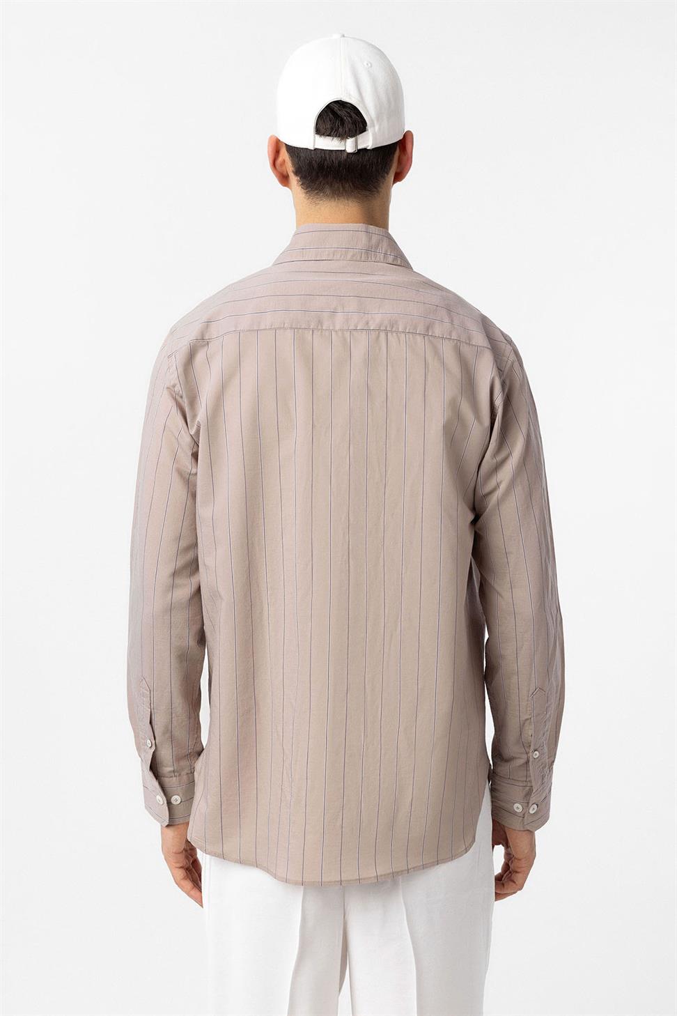 Antioch Bej Relaxed Çizgili Erkek Gömlek