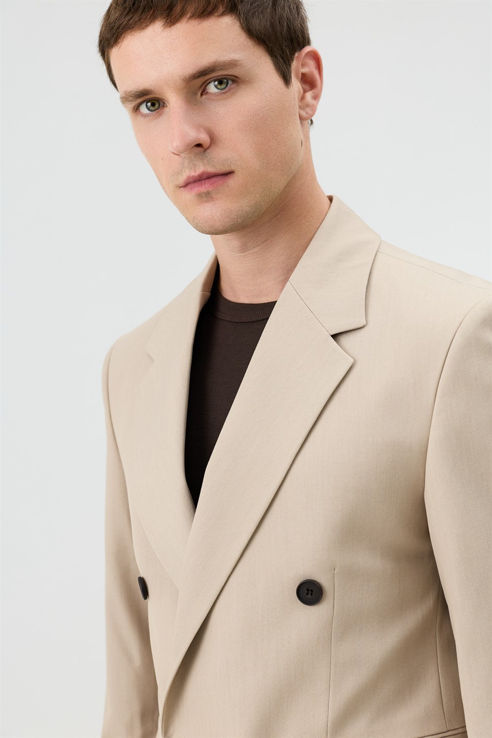 Antioch Bej Relaxed Kruvaze Erkek Blazer Ceket