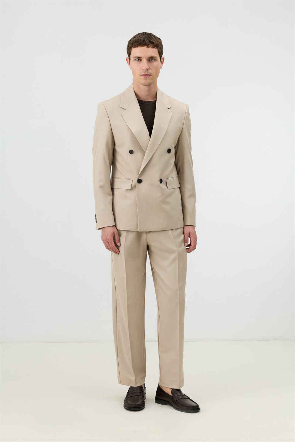Antioch Bej Relaxed Kruvaze Erkek Blazer Ceket
