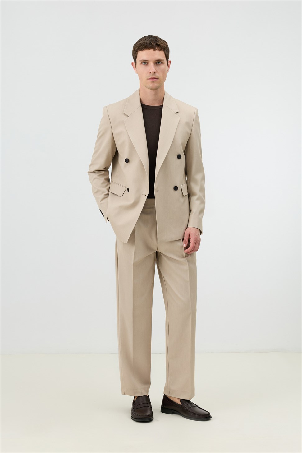Antioch Bej Relaxed Kruvaze Erkek Blazer Ceket