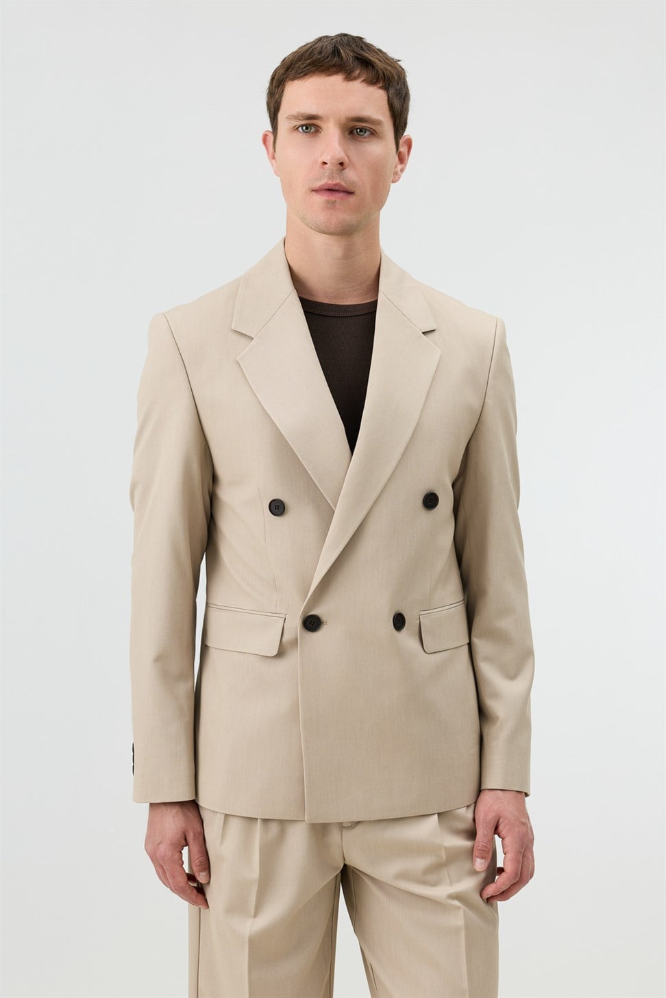 Antioch Bej Relaxed Kruvaze Erkek Blazer Ceket
