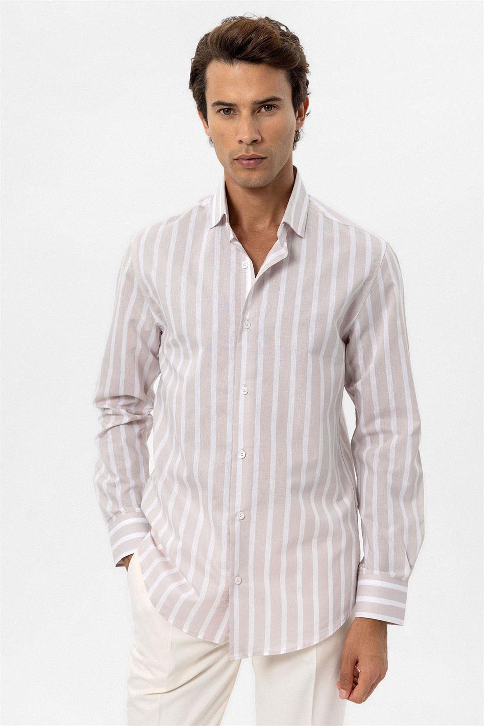 Antioch Bej Slim Fit Çizgili Erkek Gömlek