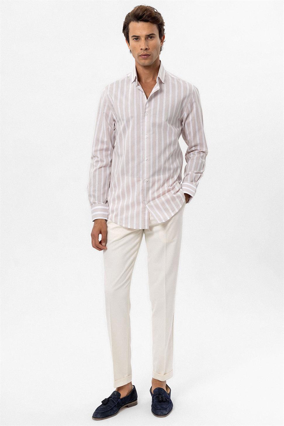 Antioch Bej Slim Fit Çizgili Erkek Gömlek