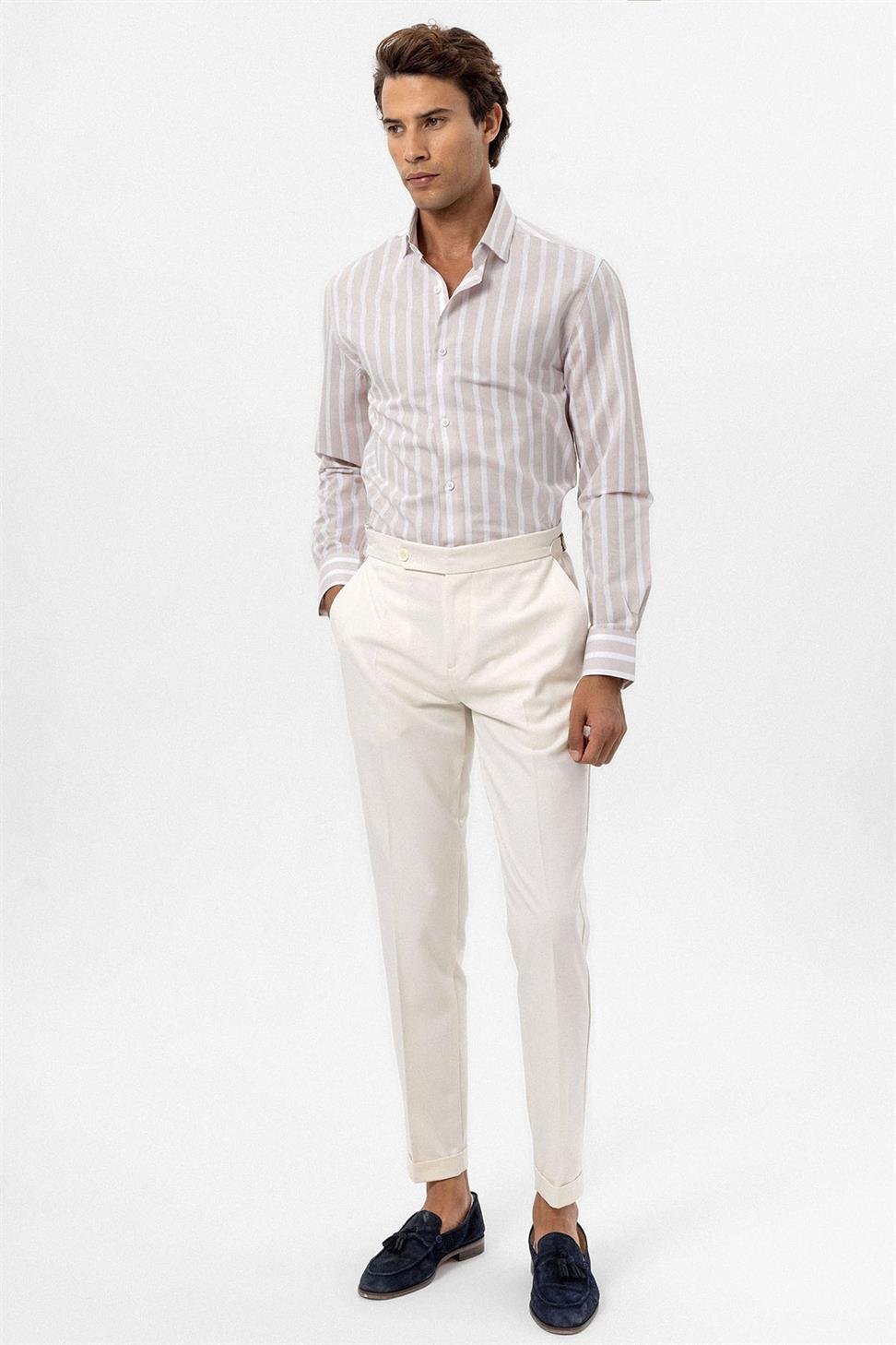 Antioch Bej Slim Fit Çizgili Erkek Gömlek