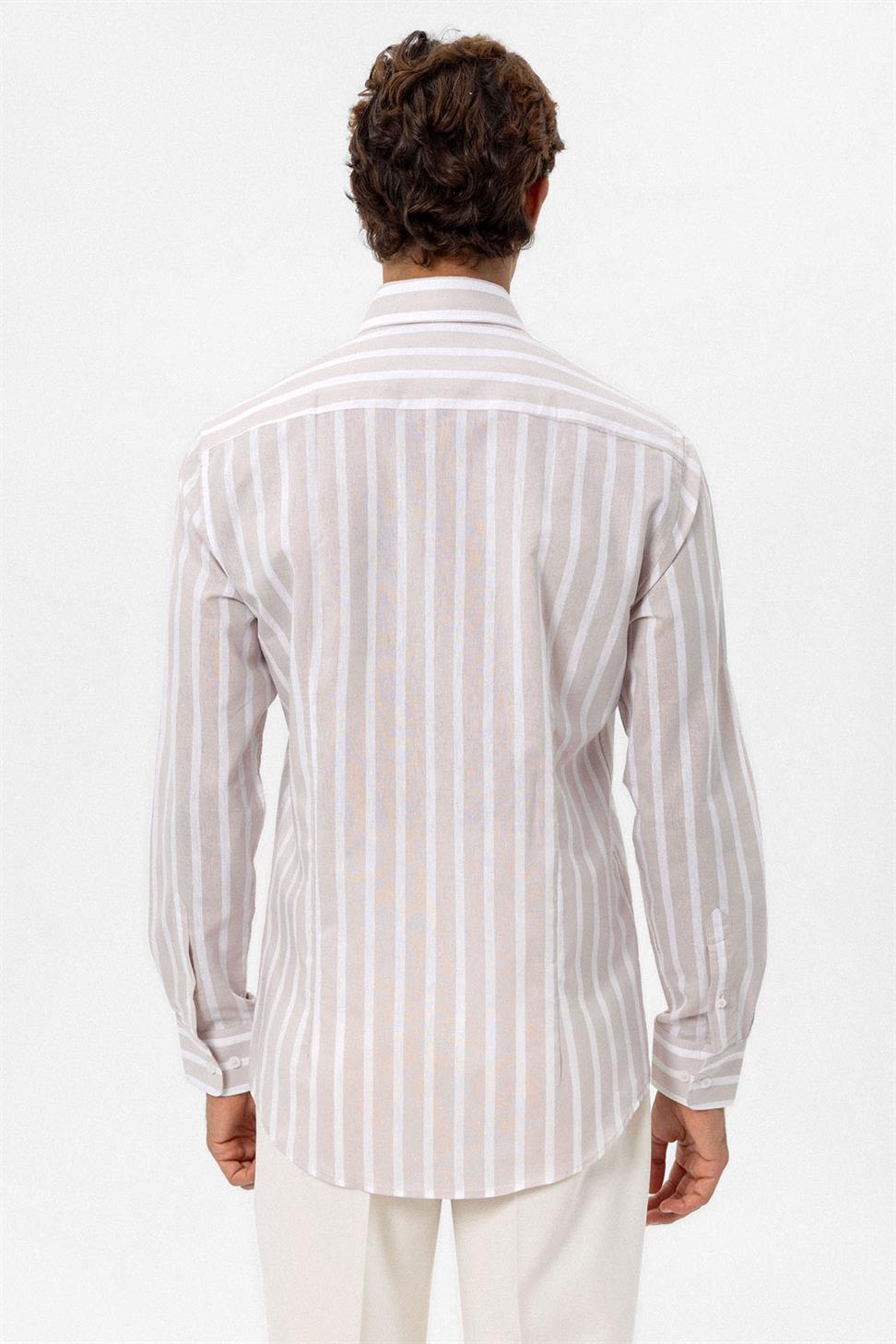 Antioch Bej Slim Fit Çizgili Erkek Gömlek