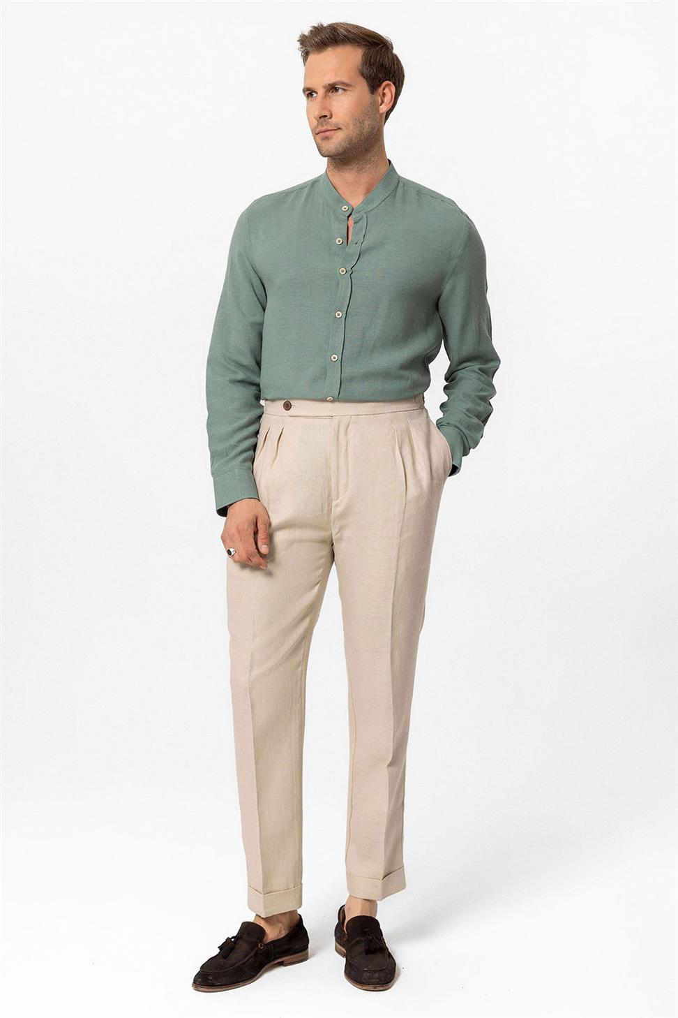 بنطلون رجالي عالي الخصر 100٪ كتان مطوي 100٪