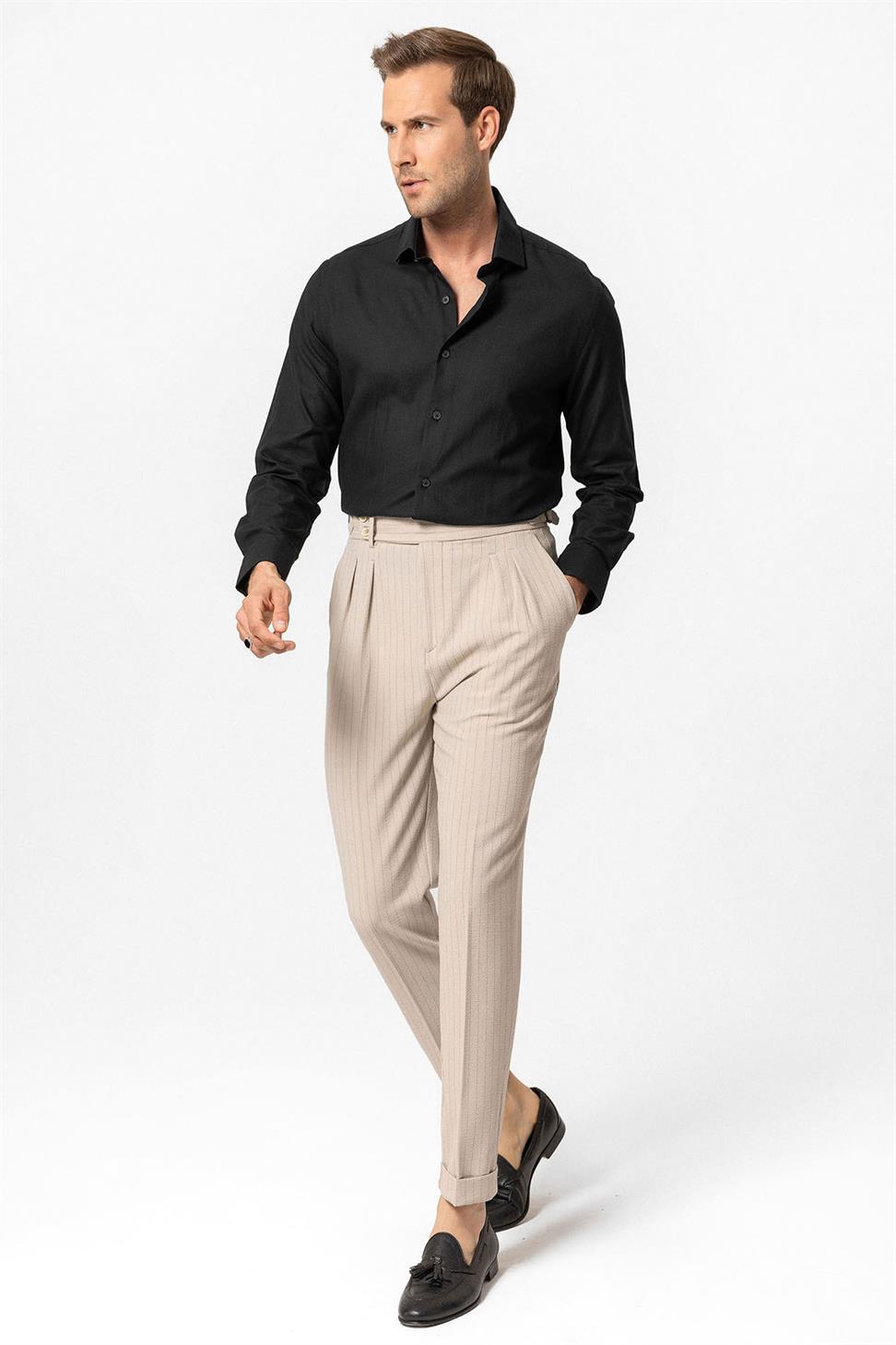بنطلون رجالي مخطط بخصر مرتفع للرجال
