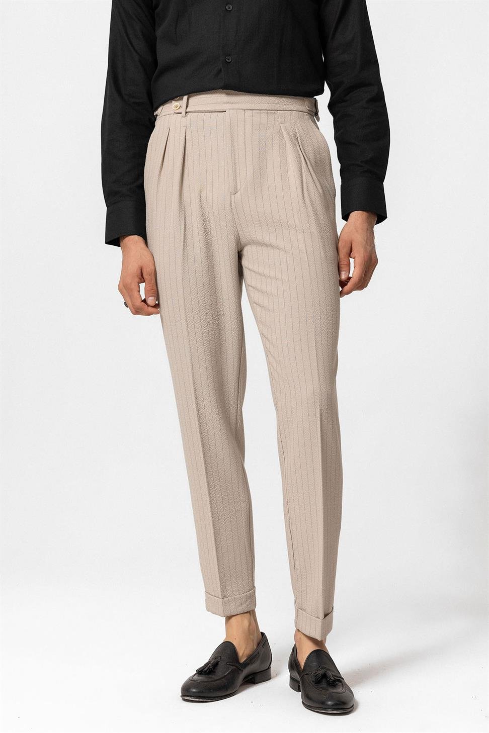 بنطلون رجالي مخطط بخصر مرتفع للرجال