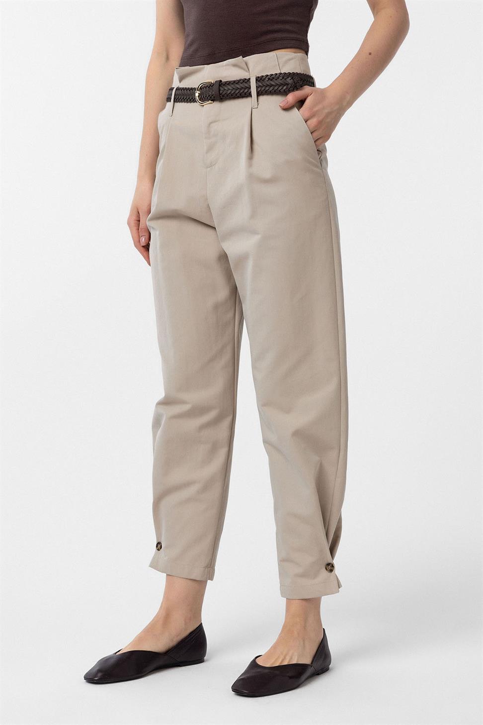 Antioch Bej Yüksek Bel Paçası Düğmeli Fit Kadın Pantolon