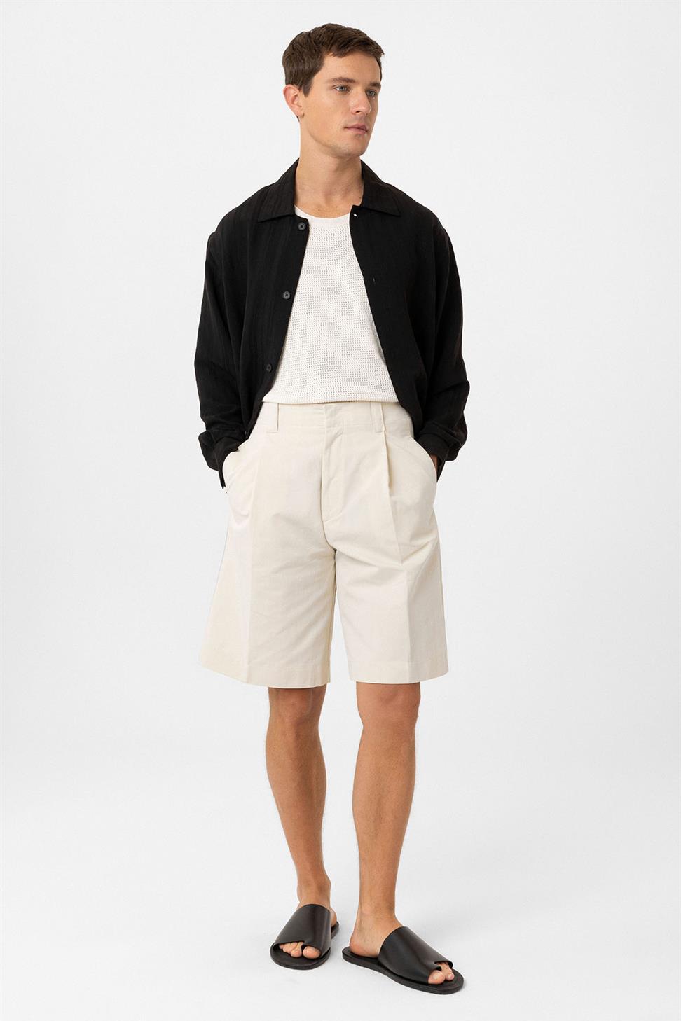 Antioch Bej Yüksek Bel Pileli Relaxed Bermuda Erkek Şort