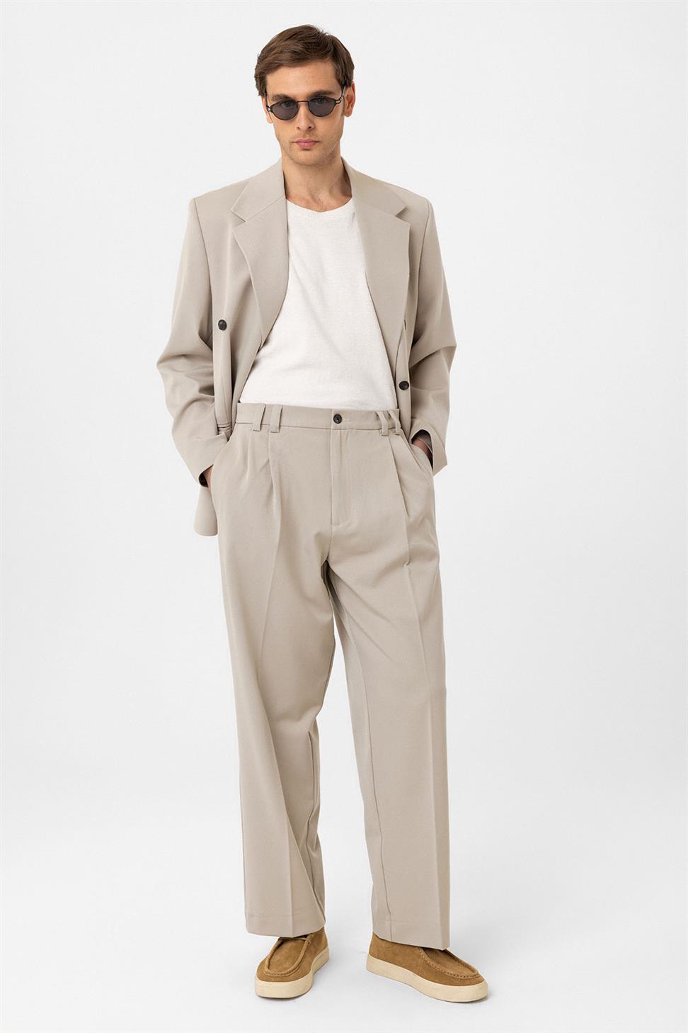 Antioch Bej Yüksel Bel Relax Fit Pileli Erkek Pantolon