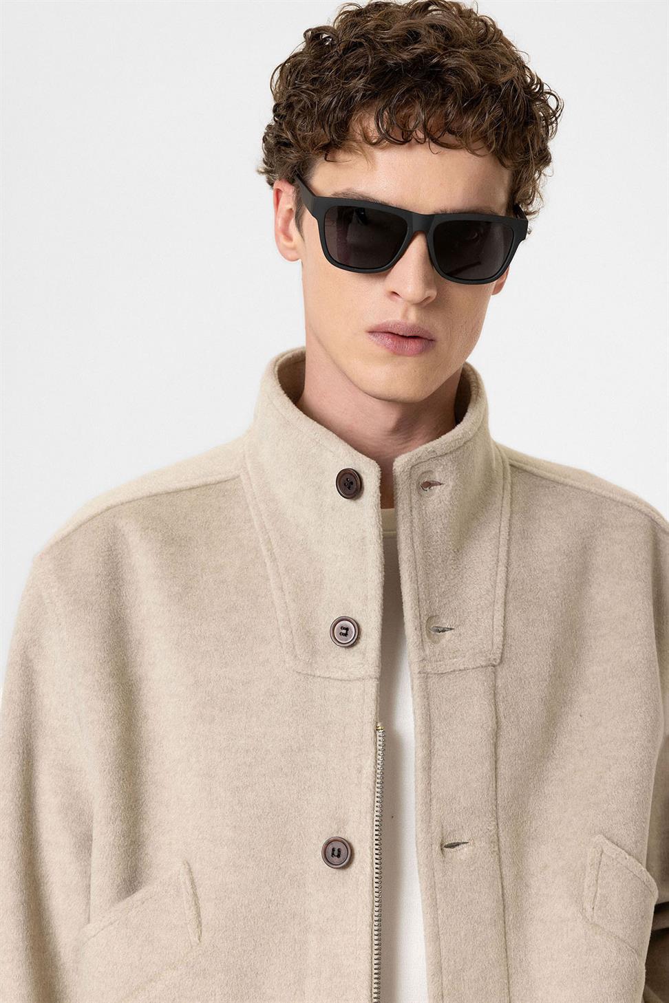 Antioch Bej Yün Karışımlı Dik Yaka Erkek Mont