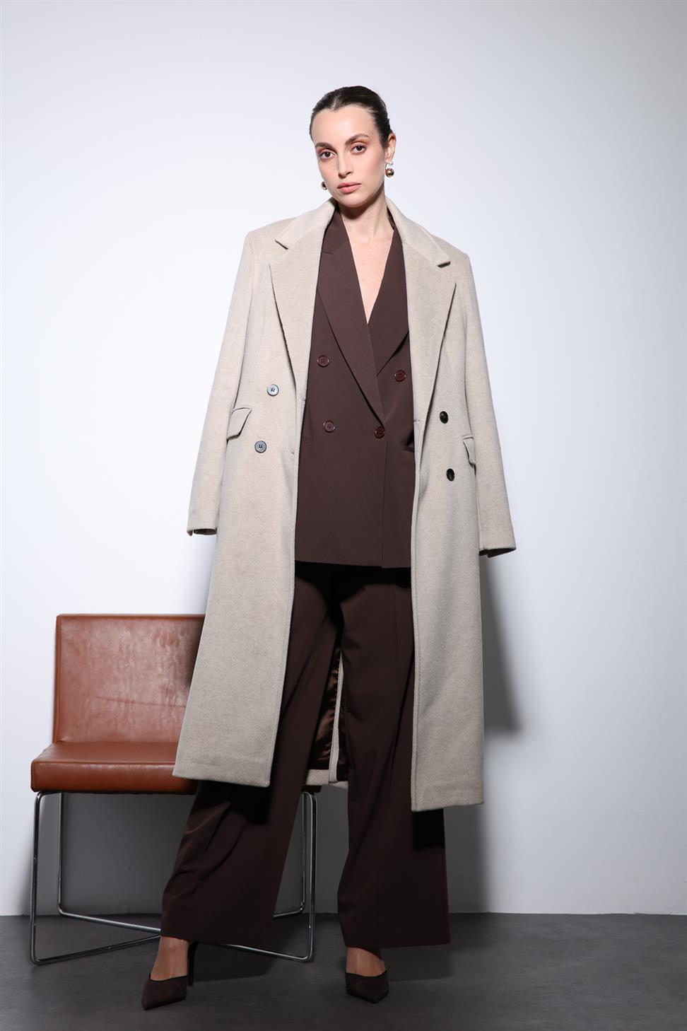 Antioch Bej Yün Karışımlı Kruvaze Kadın Kaban