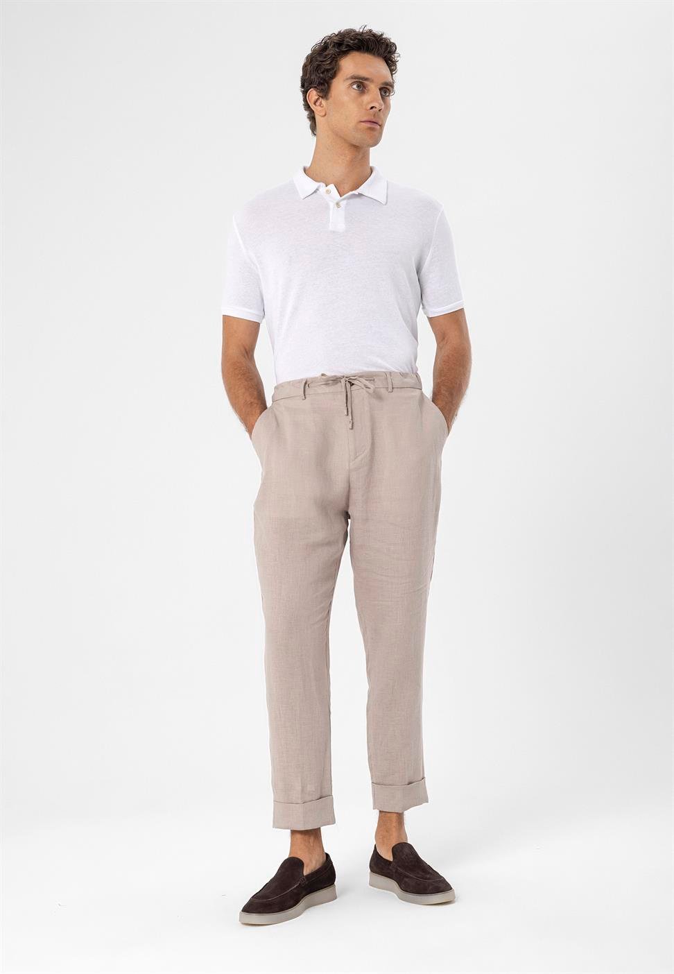 بنطلون رجالي عالي الخصر مصنوع من الكتان بنسبة 100%