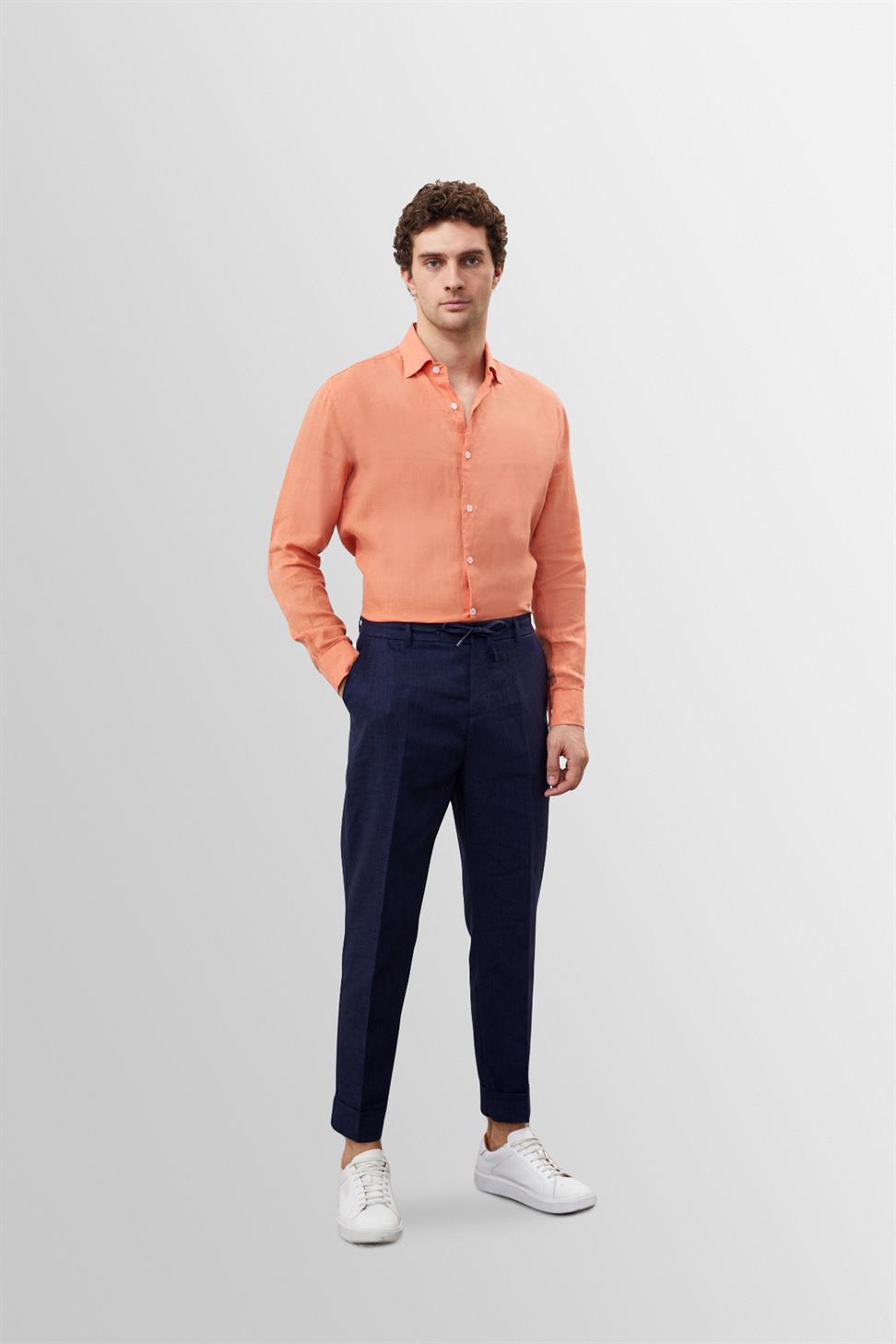 بنطلون رجالي عالي الخصر مصنوع من الكتان بنسبة 100%