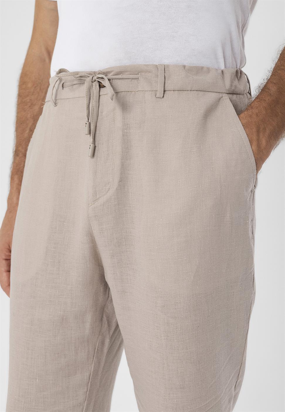 بنطلون رجالي عالي الخصر مصنوع من الكتان بنسبة 100%
