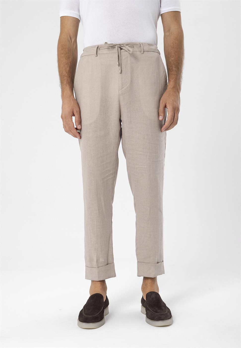 بنطلون رجالي عالي الخصر مصنوع من الكتان بنسبة 100%