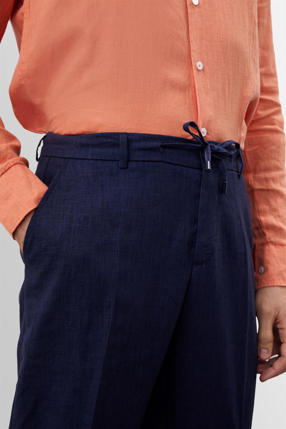 بنطلون رجالي عالي الخصر مصنوع من الكتان بنسبة 100%