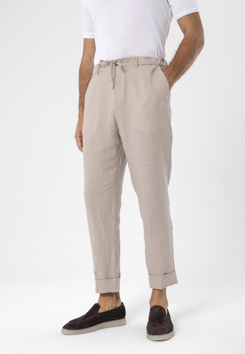بنطلون رجالي عالي الخصر مصنوع من الكتان بنسبة 100%