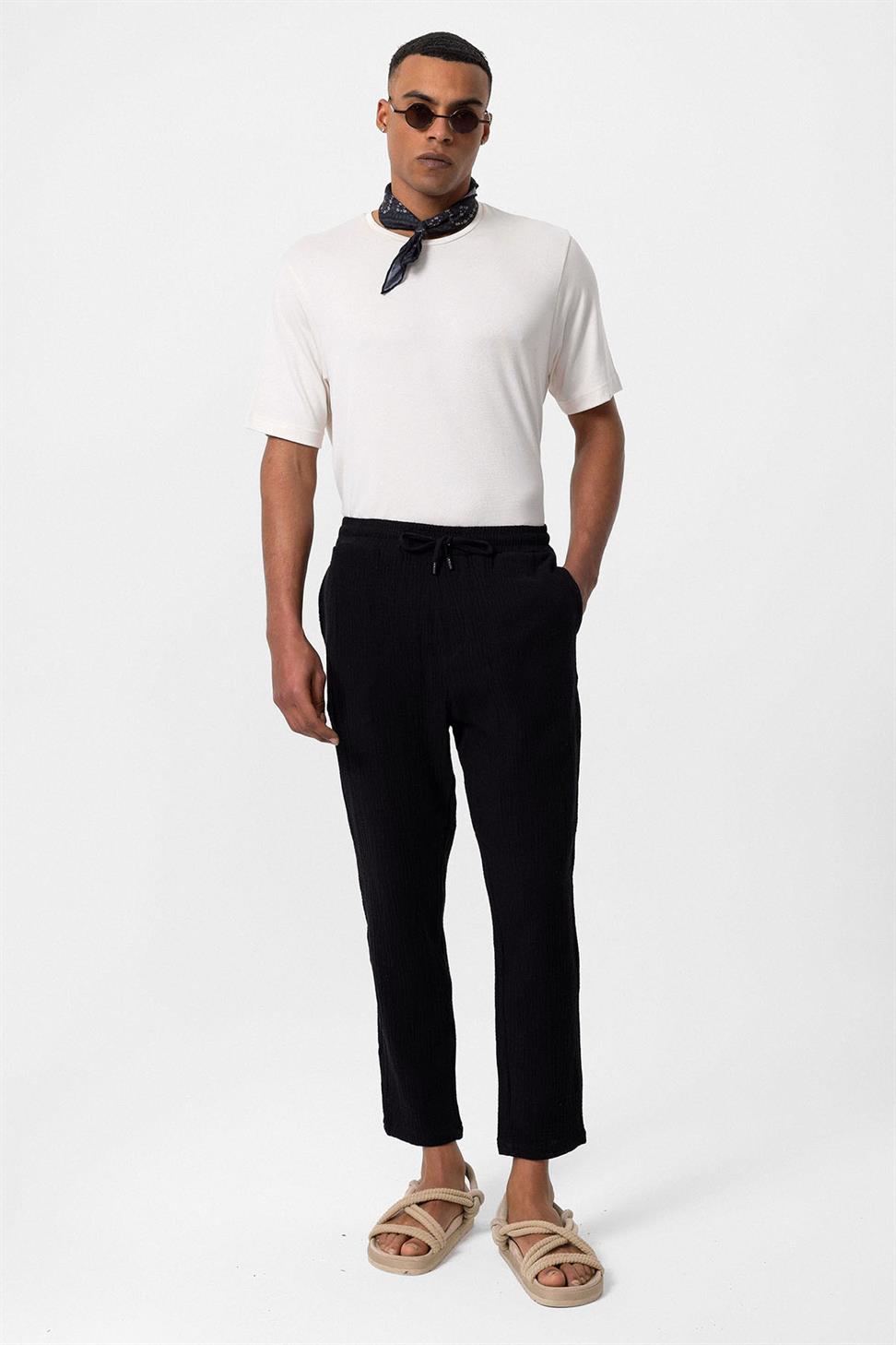 بنطلون رجالي من قماش الموسلين عالي الخصر مع خصر برباط