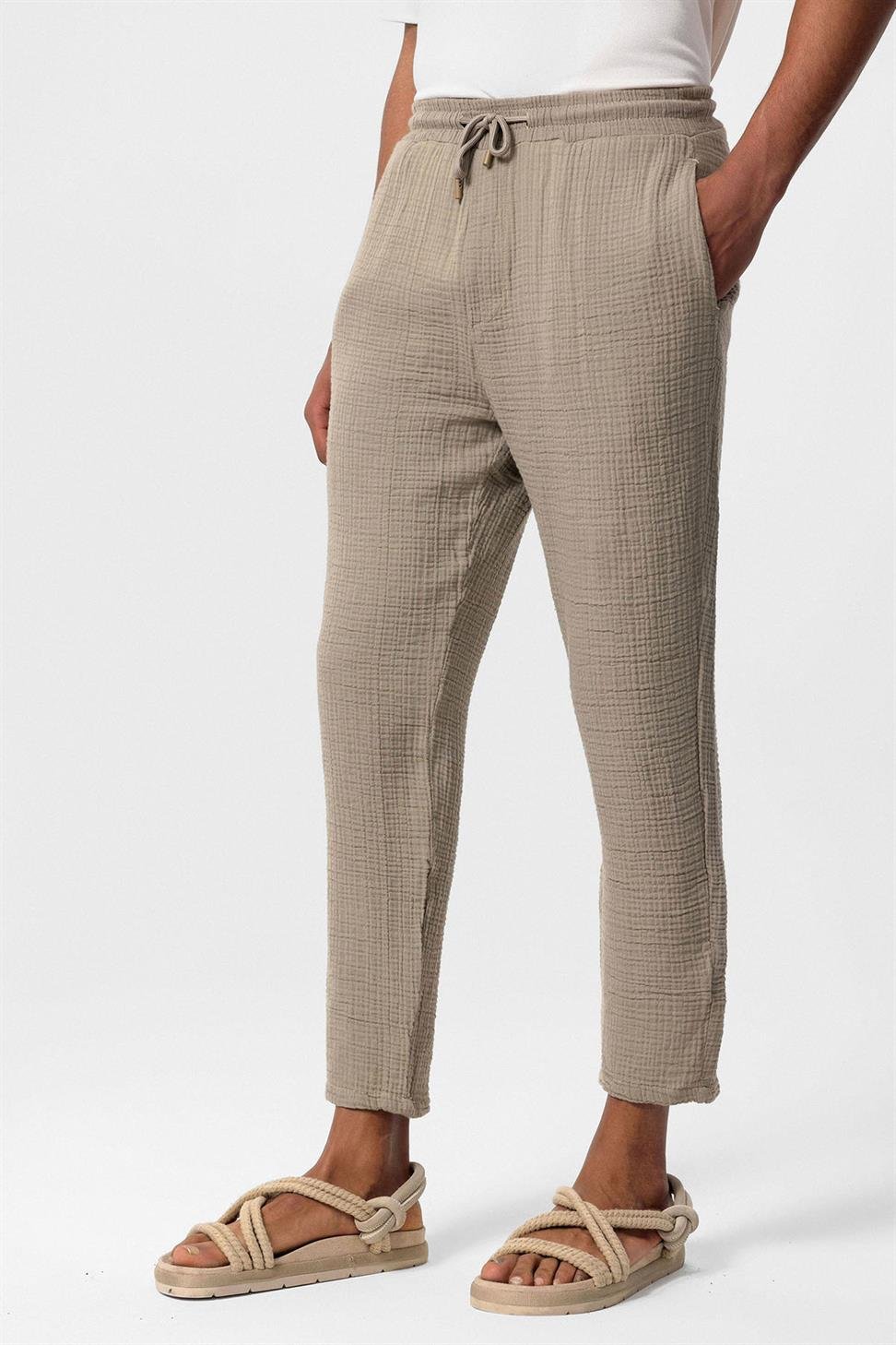 بنطلون رجالي من قماش الموسلين عالي الخصر مع خصر برباط