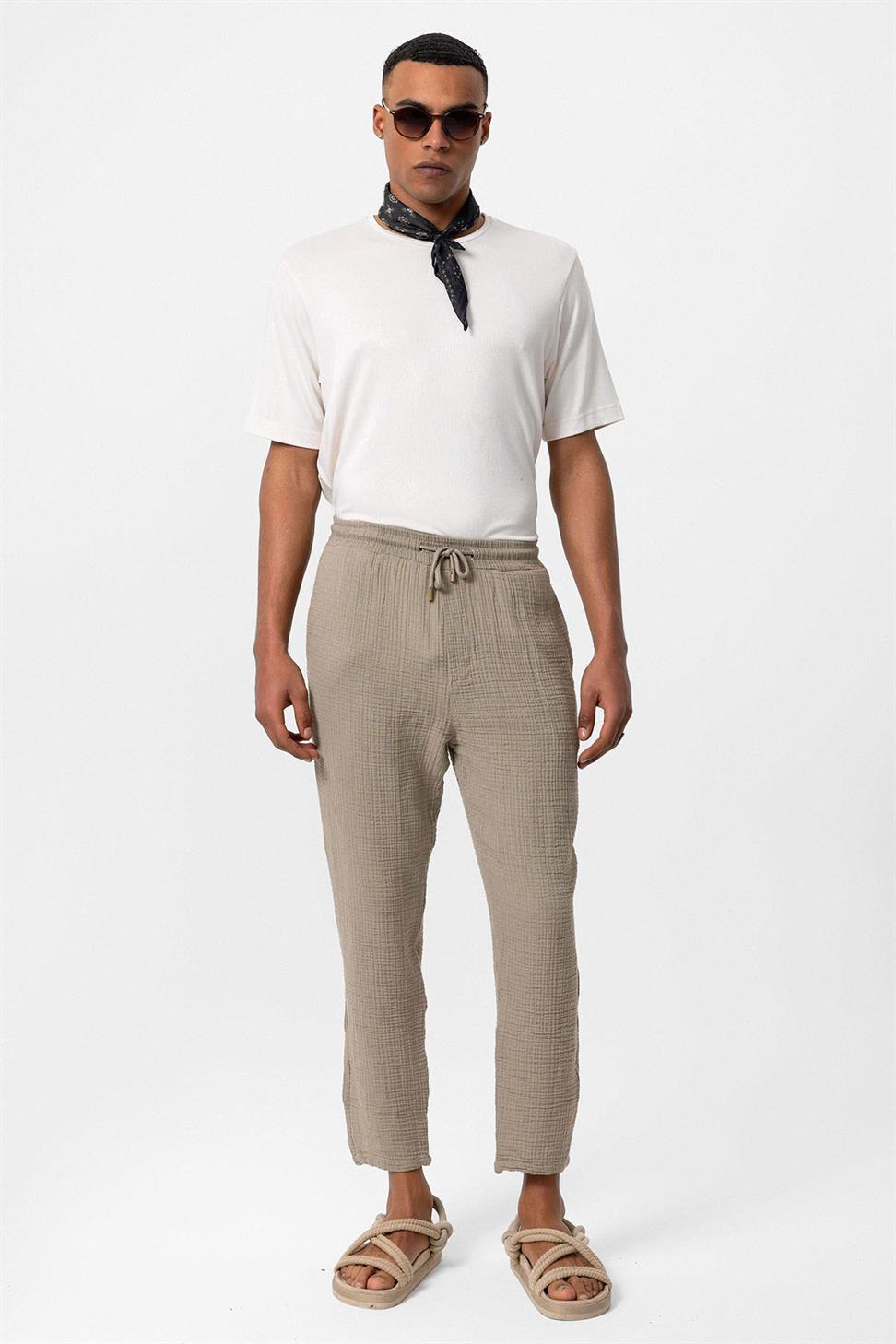 بنطلون رجالي من قماش الموسلين عالي الخصر مع خصر برباط