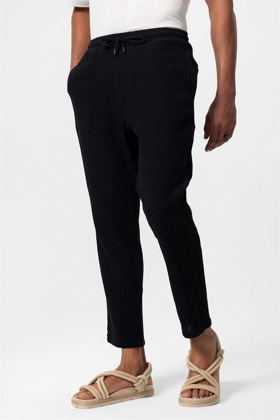 بنطلون رجالي من قماش الموسلين عالي الخصر مع خصر برباط