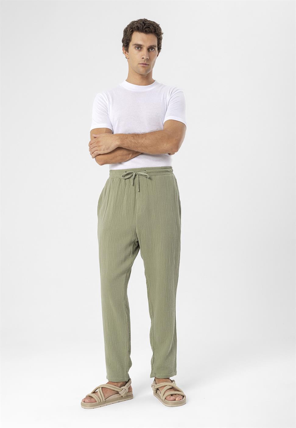 بنطلون رجالي من قماش الموسلين عالي الخصر مع خصر برباط
