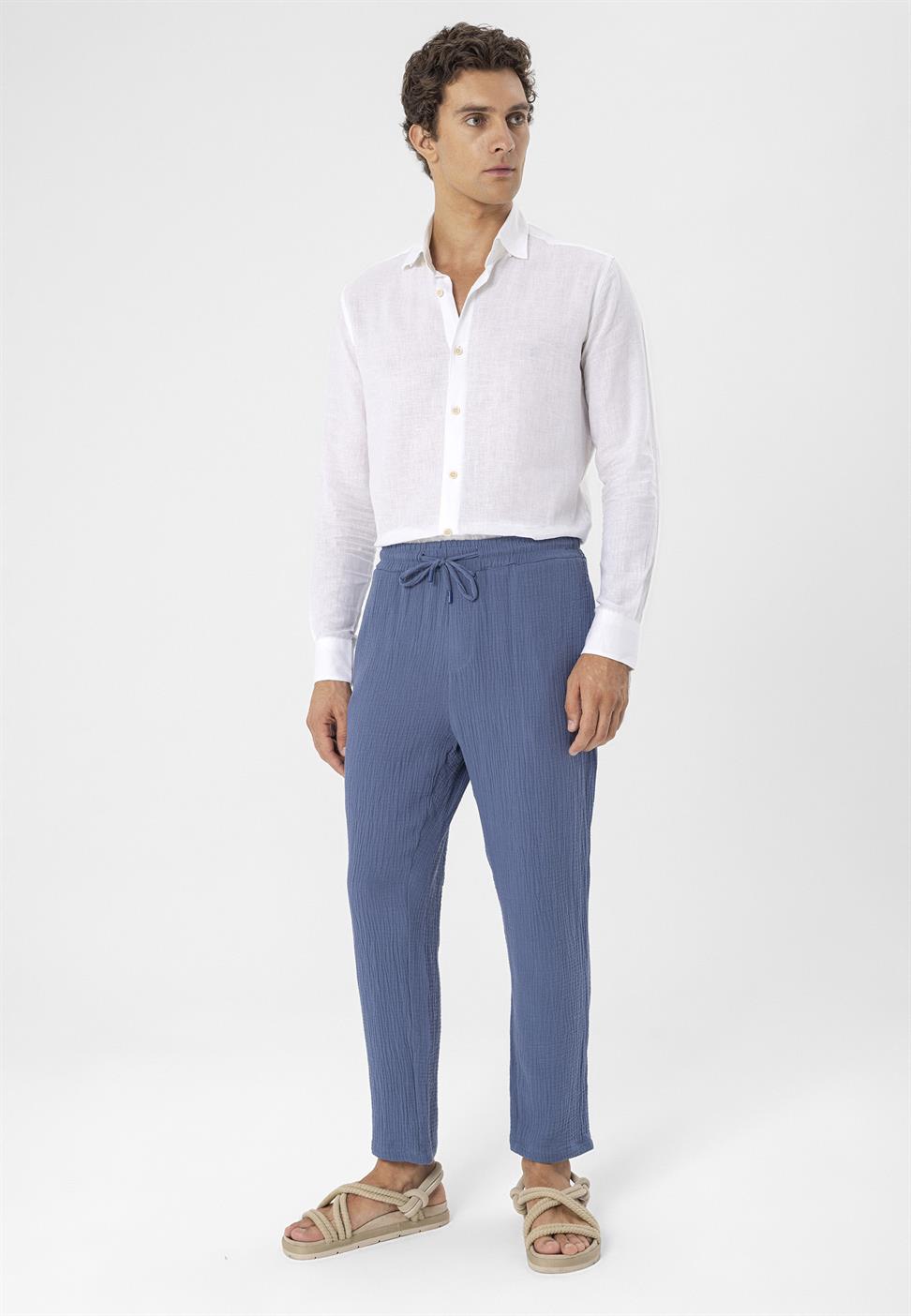بنطلون رجالي من قماش الموسلين عالي الخصر مع خصر برباط