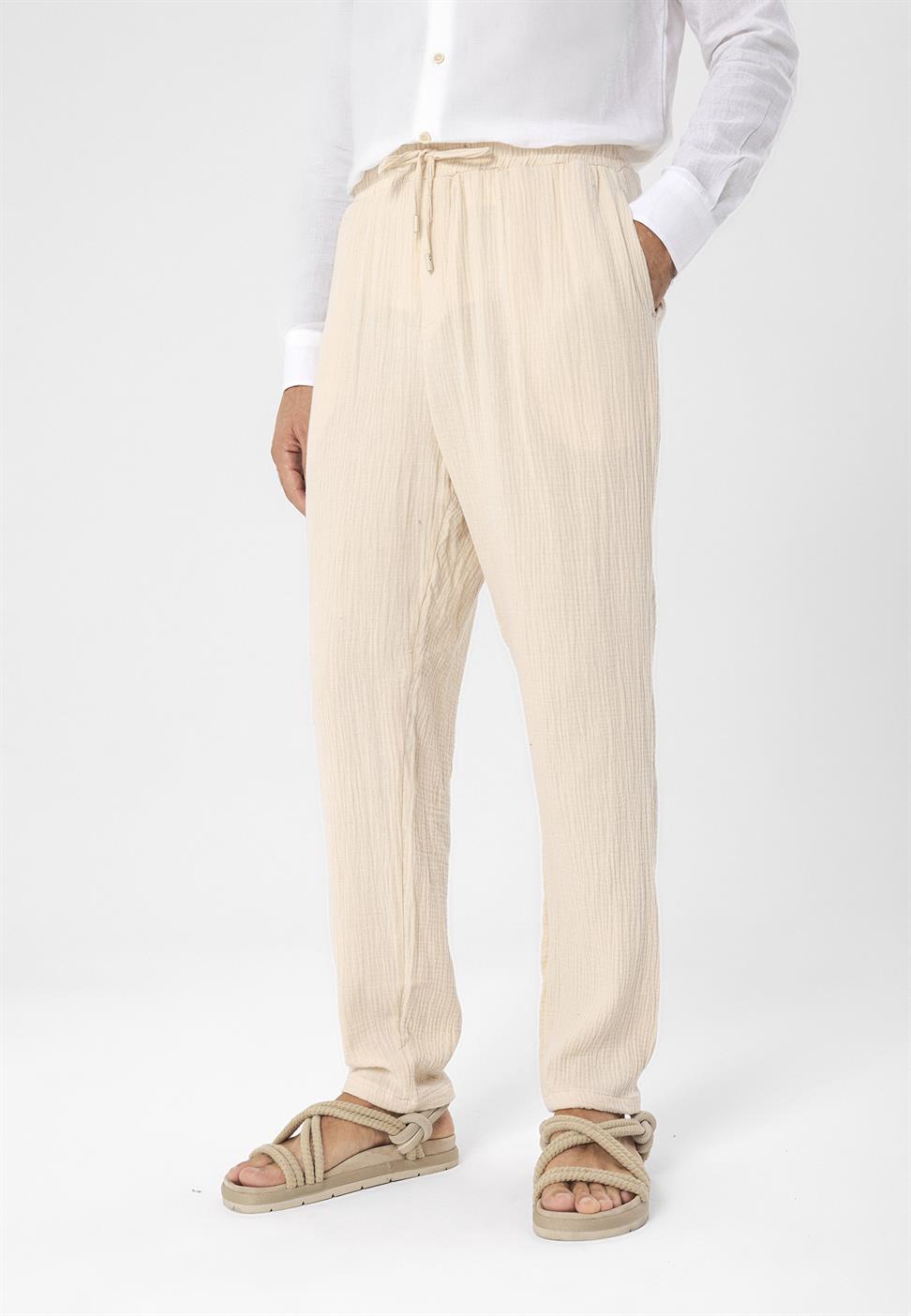 بنطلون رجالي من قماش الموسلين عالي الخصر مع خصر برباط