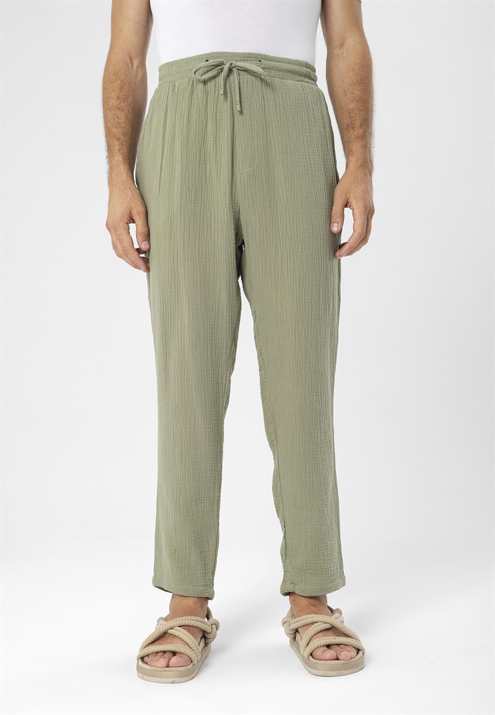 بنطلون رجالي من قماش الموسلين عالي الخصر مع خصر برباط