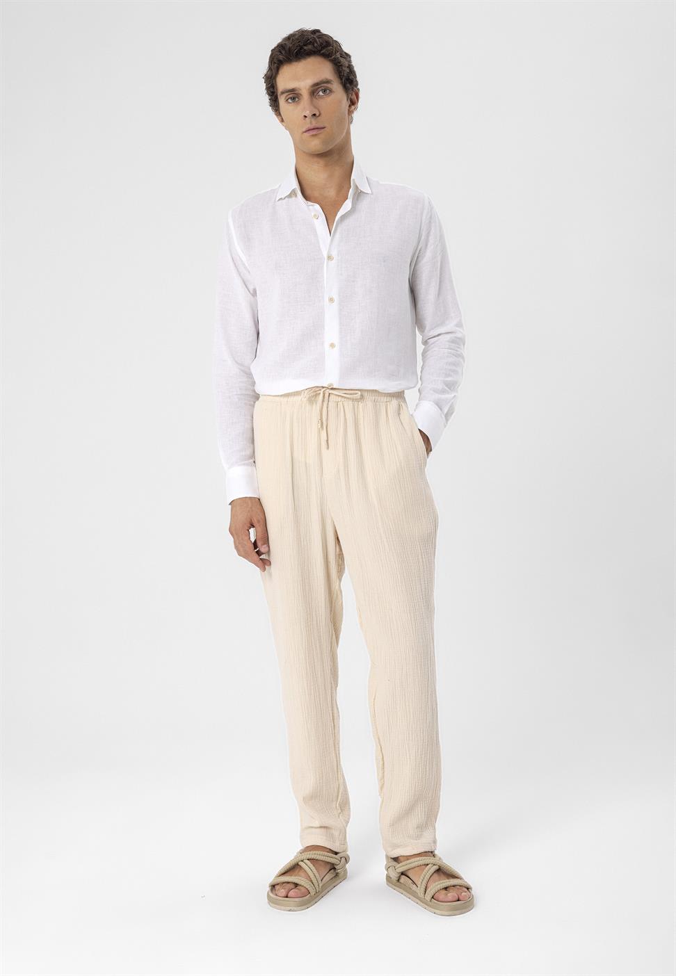 بنطلون رجالي من قماش الموسلين عالي الخصر مع خصر برباط