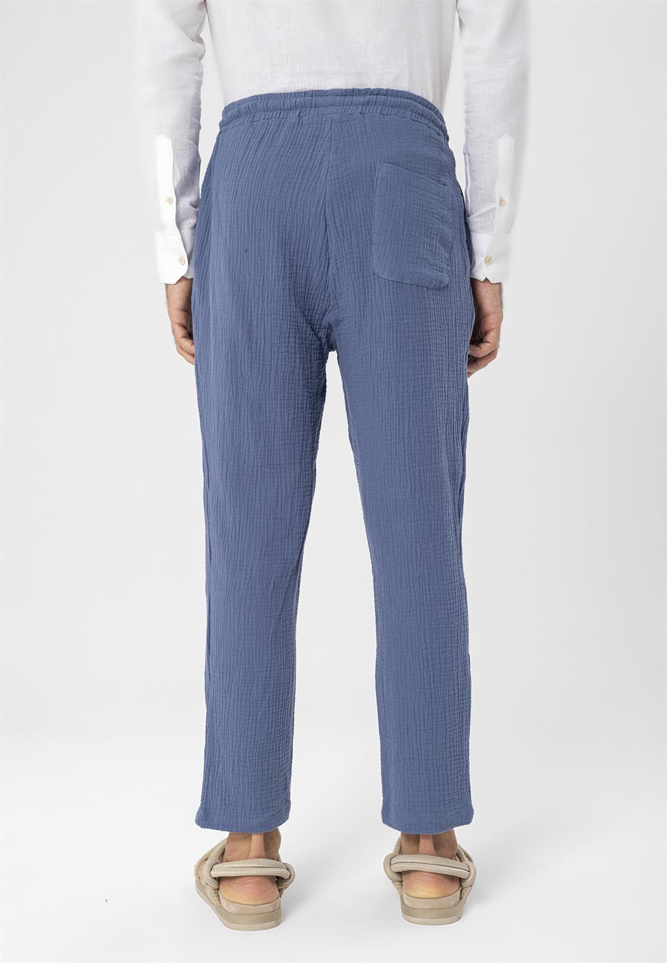 بنطلون رجالي من قماش الموسلين عالي الخصر مع خصر برباط