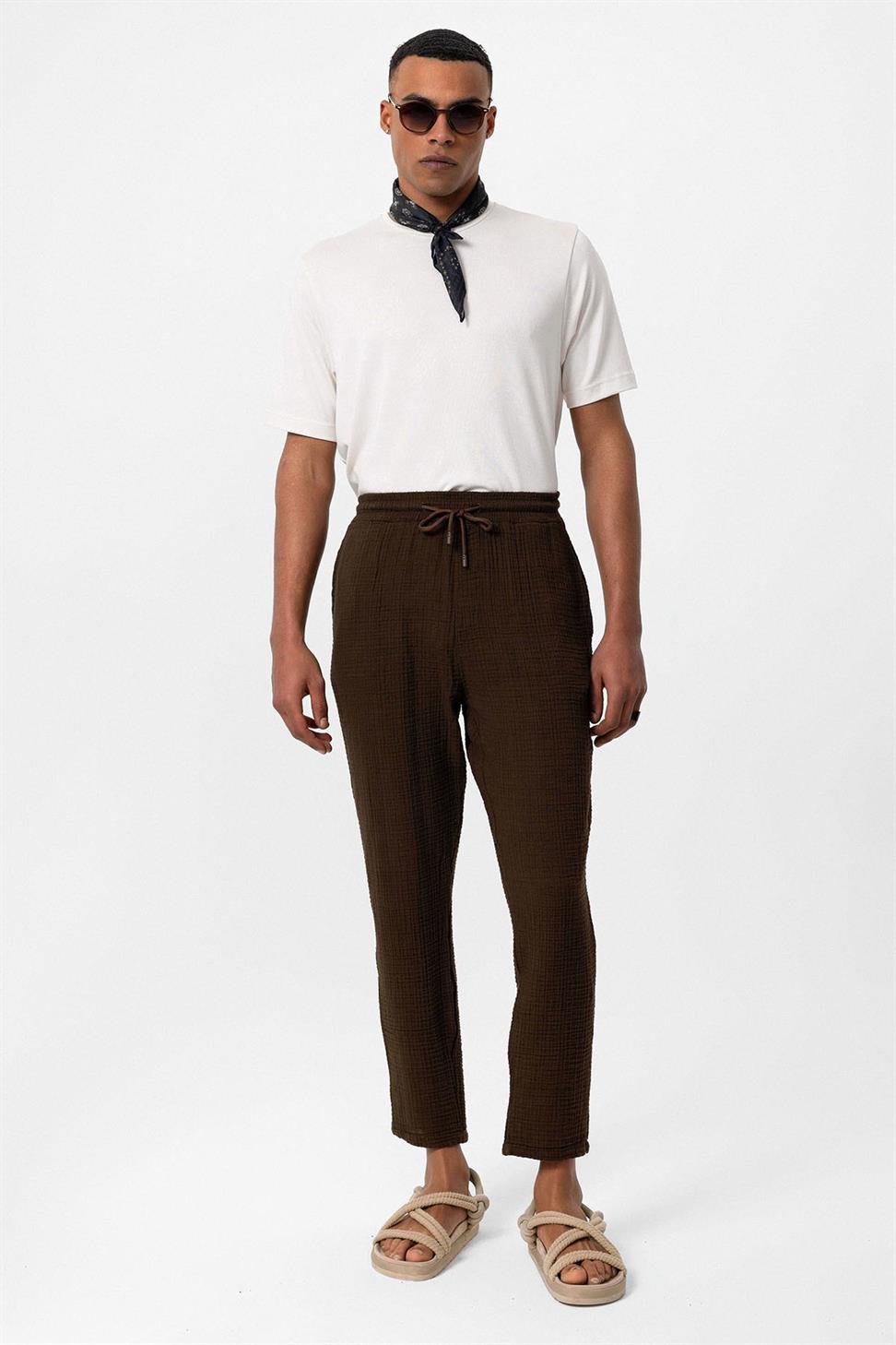 بنطلون رجالي من قماش الموسلين عالي الخصر مع خصر برباط