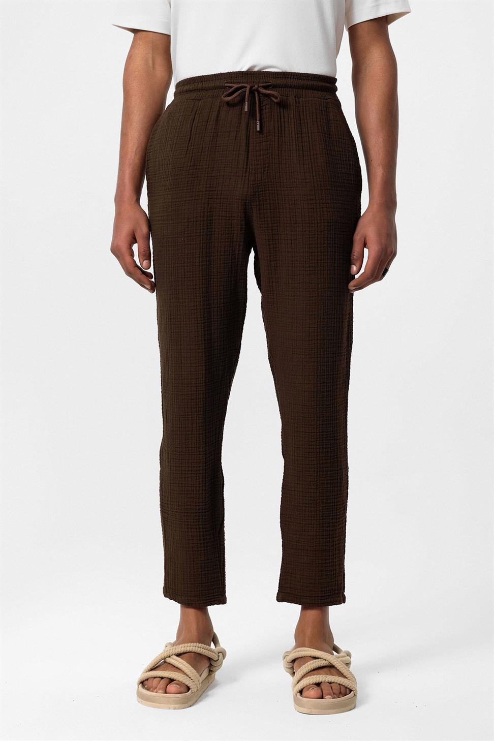 بنطلون رجالي من قماش الموسلين عالي الخصر مع خصر برباط