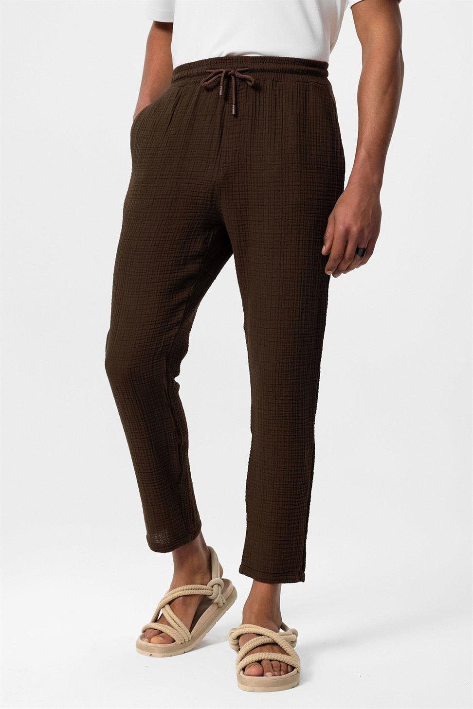 بنطلون رجالي من قماش الموسلين عالي الخصر مع خصر برباط