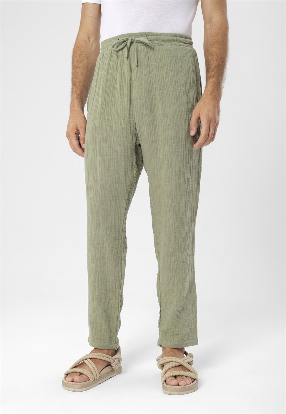 بنطلون رجالي من قماش الموسلين عالي الخصر مع خصر برباط