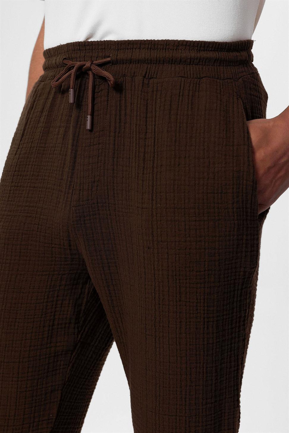 بنطلون رجالي من قماش الموسلين عالي الخصر مع خصر برباط